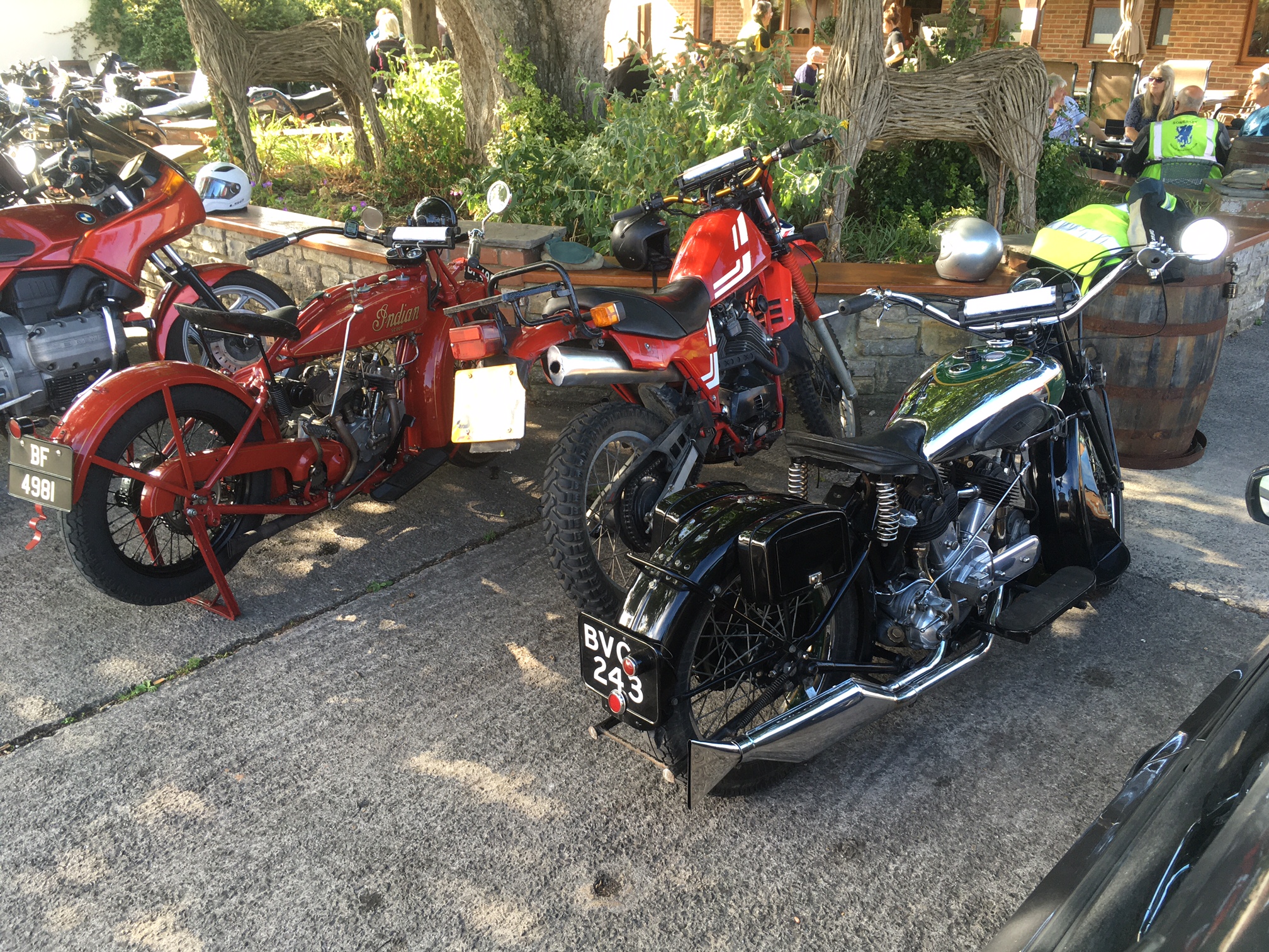 A trio of V-twins (Indian and BSA with Morini Kanguro in between)