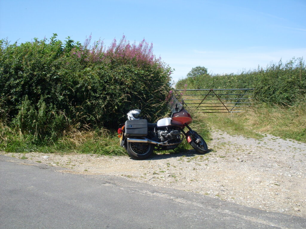 BMW motorcycle parked against a flowery hedgerow, in the sunshine.
