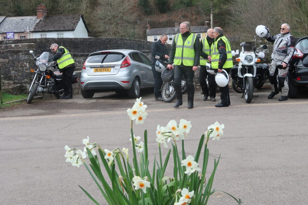 Parked motorcycles with their riders 'socialising' and in the foreground a big pot of spring flowers.