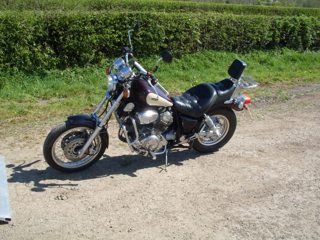 A V-twin Yamaha cruiser-style bike, with shiny chrome, a purple and white tank and a plush black 'buttoned' 'king and queen' seat parked by the green hedge