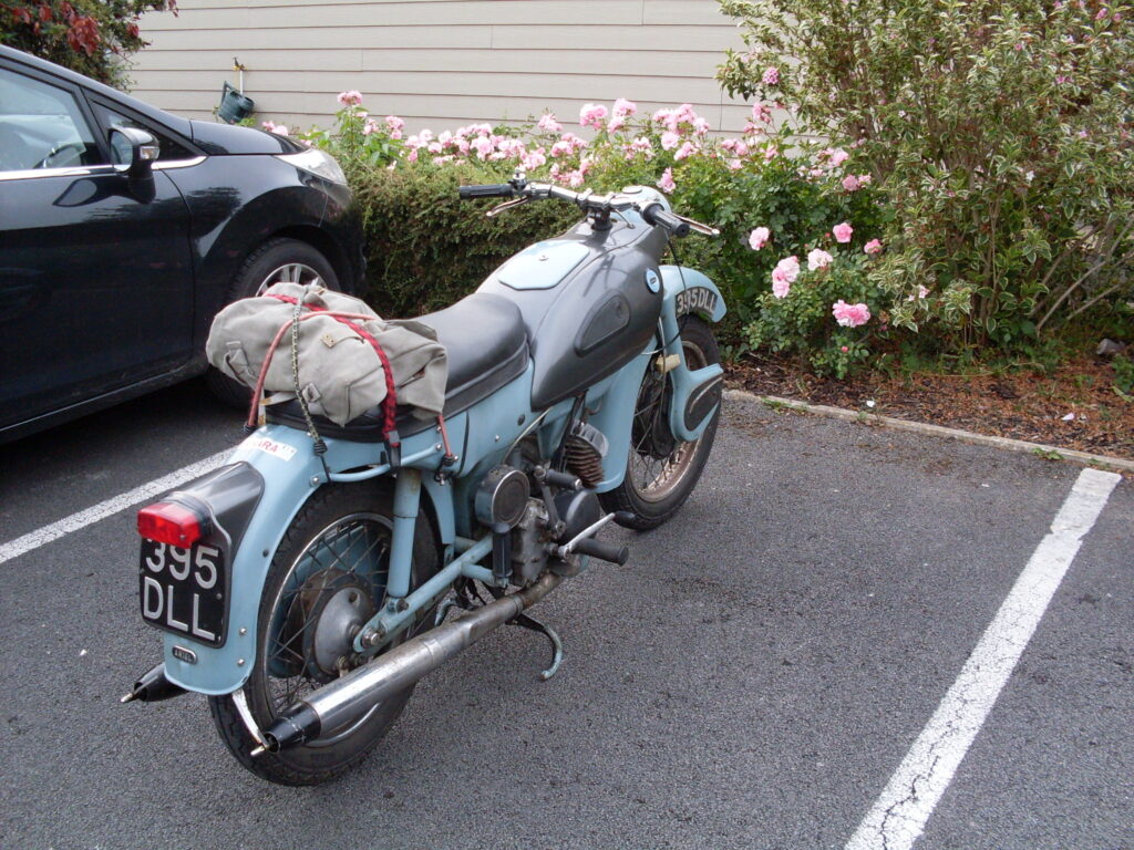 A light blue bike with a grey tank, twin silencers and a grey rucksack strapped to the back of the seat, parked in front of a low bush with many large pink flowers.