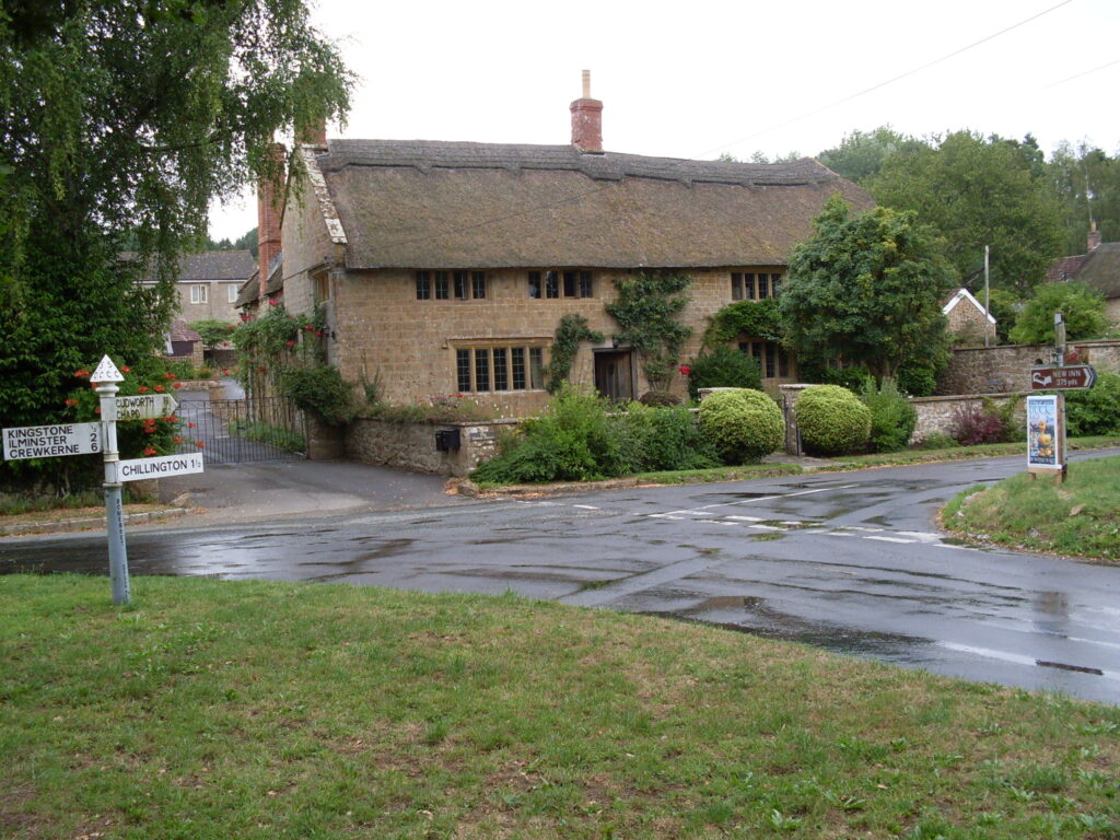 A view across a grass verge and a road glistening with water. Beyond the road is an imposing house with a thatched roof and a well-trimmed hedges.